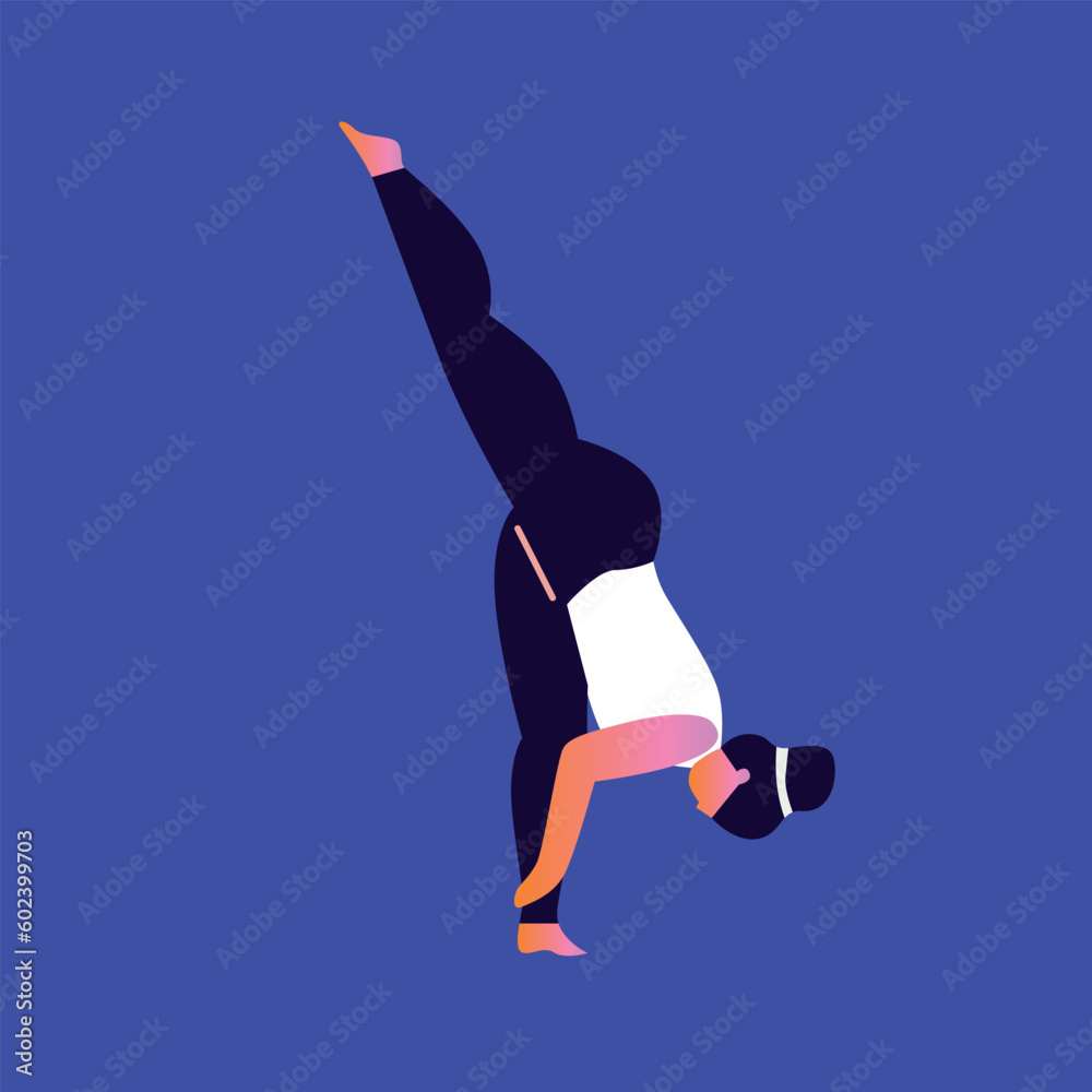 Fototapeta premium Women exercising yoga vector illustration. Yogis in poses, woman practicing asana texture background of abstract tropical leaves. Concept summer yoga. Cartoon flat style. Healthy lifestyle