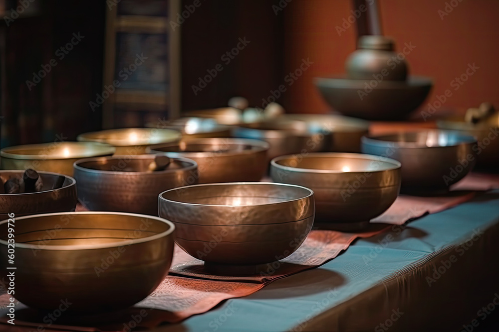 Set of Tibetan singing bowls with dark background, generative AI Set of Tibetan singing bowls with dark background, generative AI
