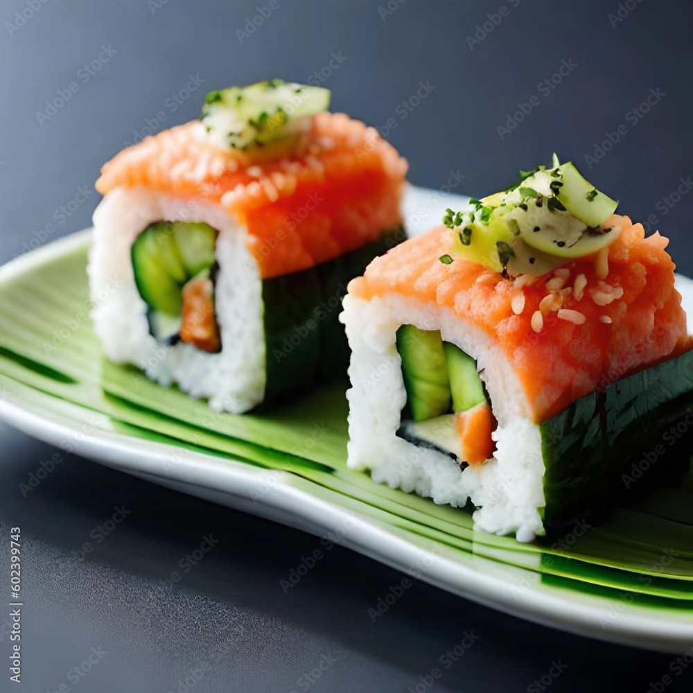 A colorful sushi roll, featuring fresh salmon, tuna, and avocado, wrapped in sticky rice and topped with delicate slices of cucumber. A colorful sushi roll, featuring fresh salmon, tuna, and avocado, wrapped in sticky rice and topped with delicate slices of cucumber.