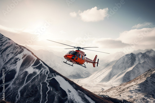 Rescue helicopter flies over snowy mountains, generative ai