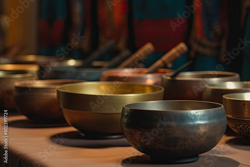 Set of Tibetan singing bowls with dark background, generative AI