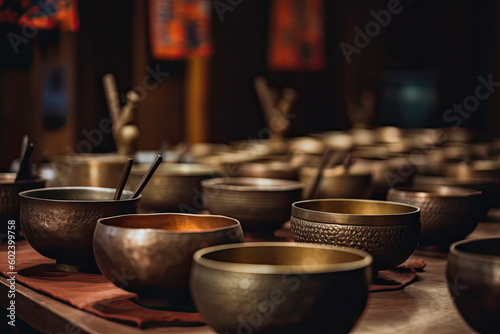 Set of Tibetan singing bowls with dark background  generative AI