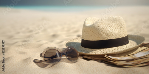 Straw beach sunhat and sun glasses on the sand. Summer vacancy concept. AI generated