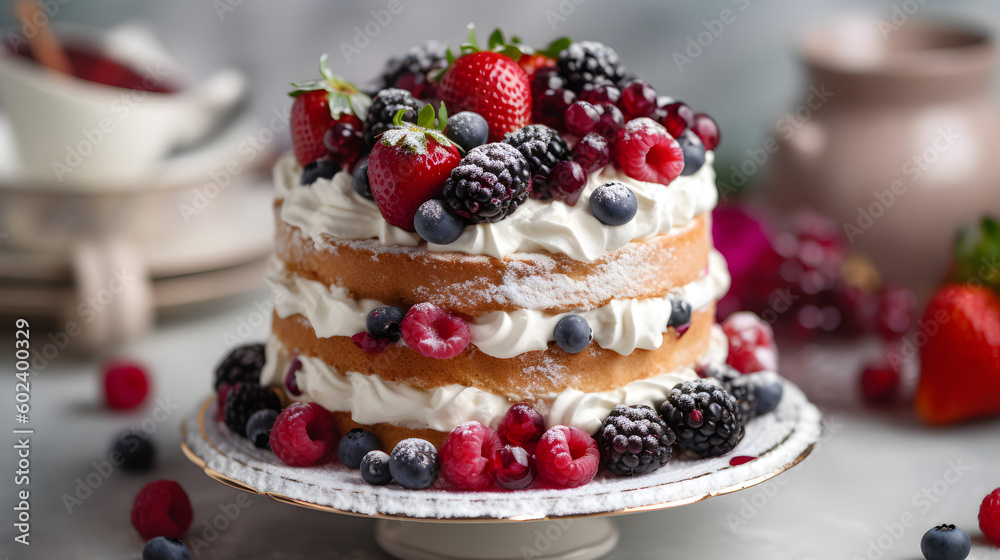custom made wallpaper toronto digitalDelicious biscuit cake with strawberry, raspberry, blueberry, blackberry. Generative ai