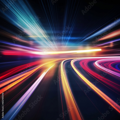 speed motion blur background with lights streaking, bright colors, city like blur, ai generated