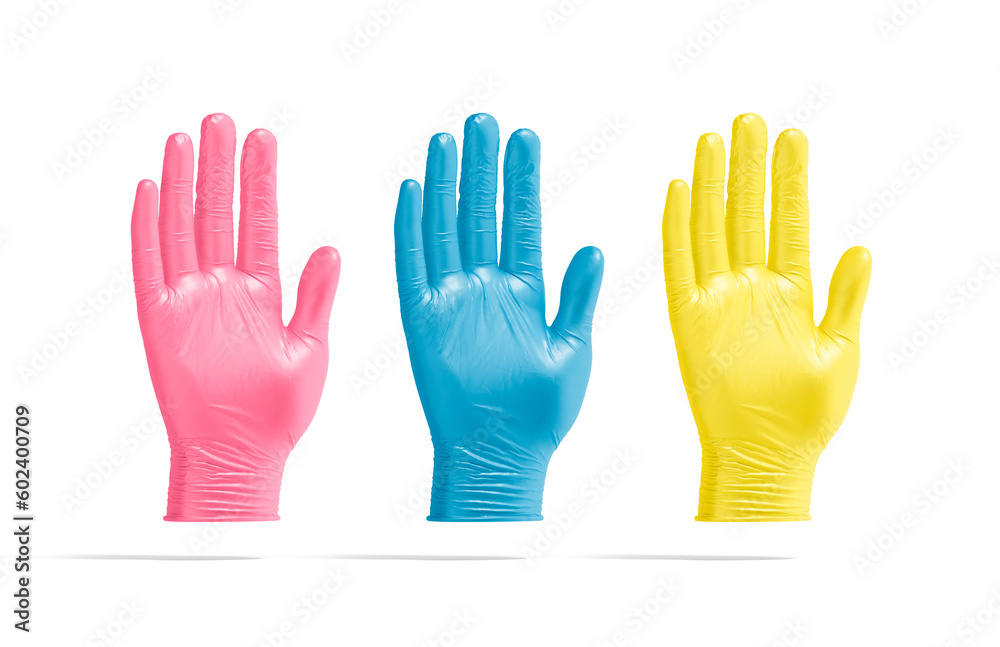 Obraz premium Blank colored rubber gloves palm mockup, front view