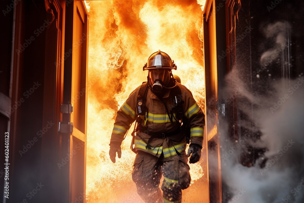 Brave firemen in protective gear running through smoke and fire. AI generative Brave firemen in protective gear running through smoke and fire. AI generative