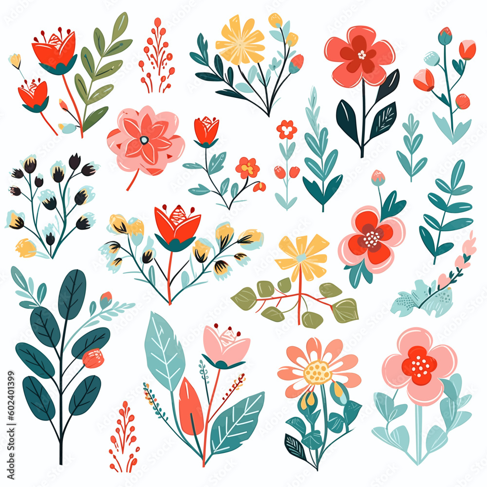 Vector collection, flowers, beautiful collection of romantic flowers with roses, leaves, flower bouquets, flower compositions.