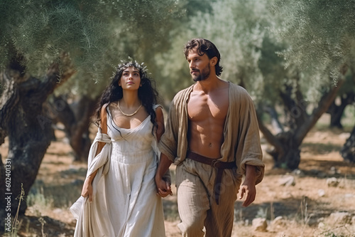Antique world. A couple of a woman and a man, Roman or Greek, are walking through an olive grove. bible characters