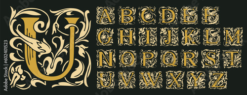 Vintage Alphabet, vector set of hand-drawn medieval, ornate initial alphabet letters. Luxury design of Beautiful royal font for card, invitation, monogram, label, logo