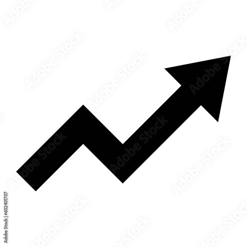 Black single growing pointing up arrow on chart graph icon, success graph trending upwards flat design interface infographic element for app ui ux web button, vector isolated on white background