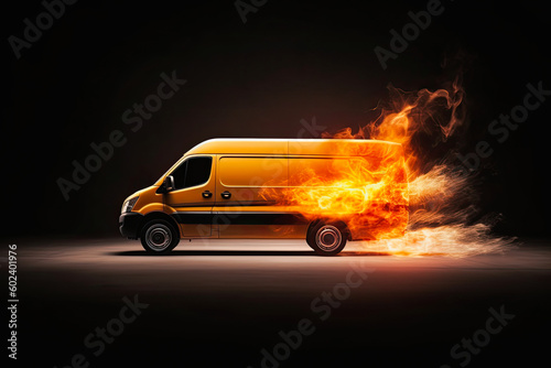 Super fast delivery of package service with van with wheels on fire  generative ai