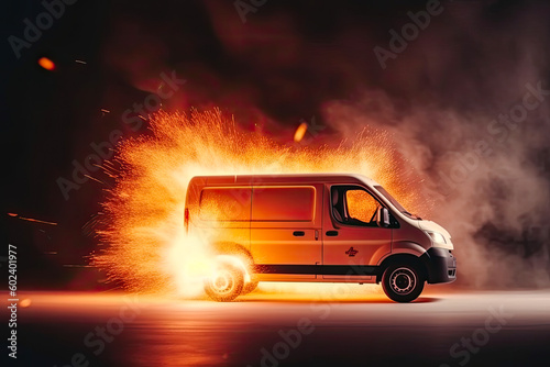 Super fast delivery of package service with van with wheels on fire  generative ai