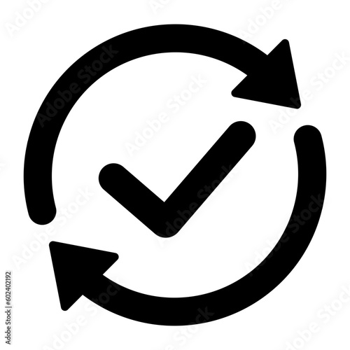 Black single round checking process sync approved icon, simple turning arrows syncing flat design pictogram for app logo ads web webpage button ui ux interface elements isolated on white background
