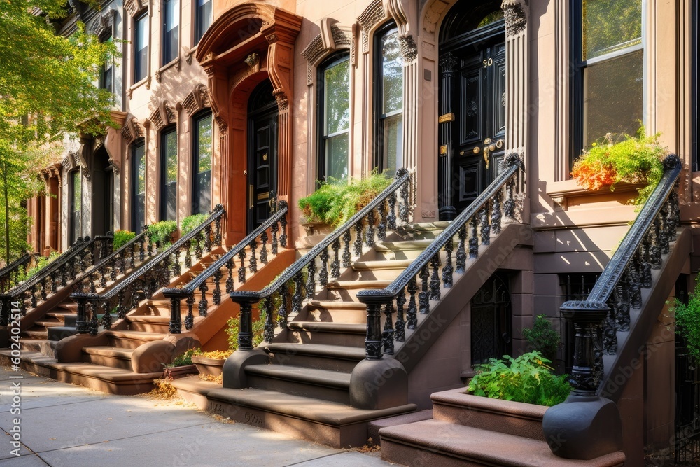Brownstone row houses with their characteristic stoops offer a glimpse into the city's historic past - Generative AI
