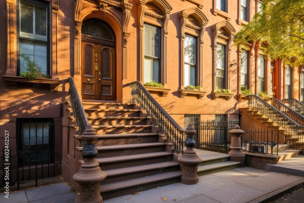 Brownstone row houses with their characteristic stoops offer a glimpse into the city's historic past - Generative AI