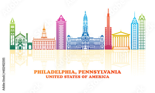 Colourfull Skyline panorama of Philadelphia, Pennsylvania, United States - vector illustration