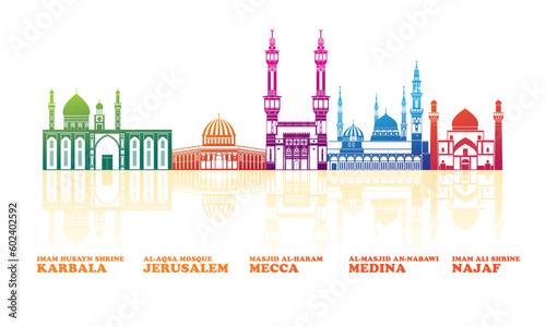 Colourfull Skyline Panorama of the Most Famous Mosques - vector illustration