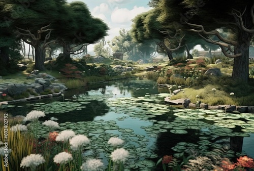 some trees and a pond with water flowing over it, generative ai