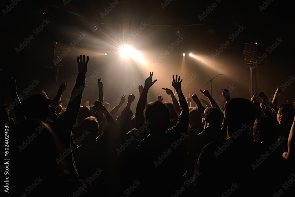 Silhouettes of concert crowd in front of bright stage lights at concert, generative ai