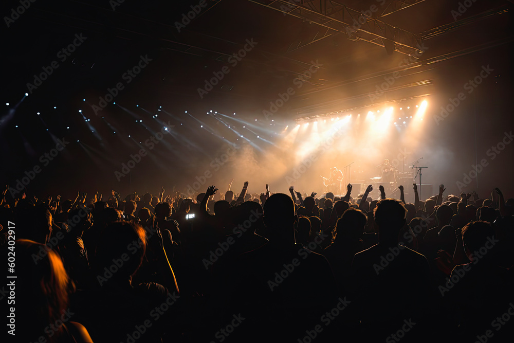 Silhouettes of concert crowd in front of bright stage lights at rock or metal concert, generative ai