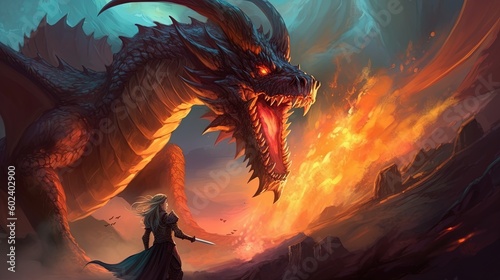 A brave dragon rider and her fierce dragon mount set out to defend their kingdom against a horde of fire-breathing beasts. Fantasy concept   Illustration painting. Generative AI