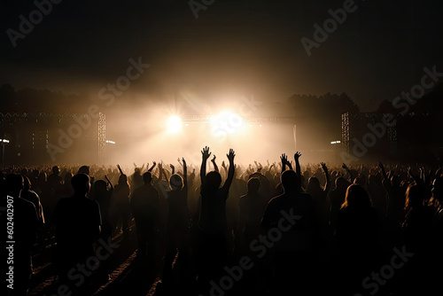 Silhouettes of concert crowd in front of bright stage lights at summer festival, generative ai