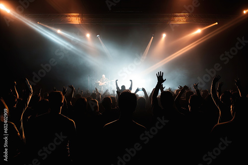 Silhouettes of concert crowd in front of bright stage lights at rock concert, generative ai