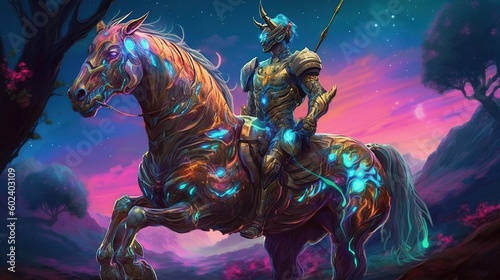 A horse wearing futuristic armor with a knight on it. Fantasy concept , Illustration painting. Generative AI © X-Poser