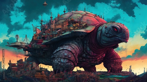 A city built on the back of a giant turtle in a surreal landscape. Fantasy concept , Illustration painting. Generative AI