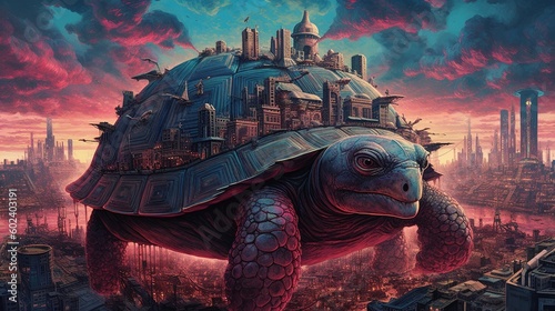 A city built on the back of a giant turtle in a surreal landscape. Fantasy concept , Illustration painting. Generative AI