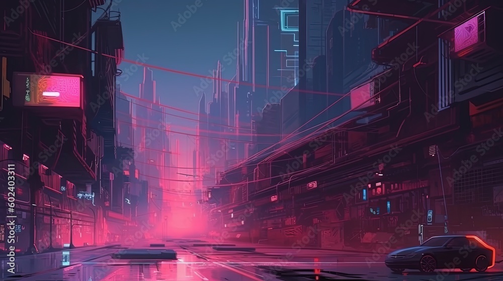 A cyberpunk city with neon lights. Fantasy concept , Illustration painting. Generative AI