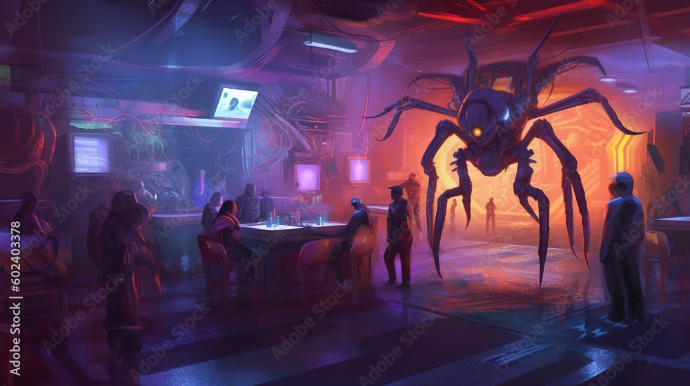 A cyberpunk nightclub with robotic scorpions as performers. Fantasy concept , Illustration painting. Generative AI