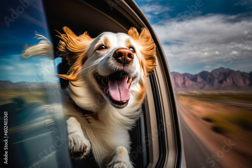Happy dog with head out of the car window having fun, generative ai © MVProductions