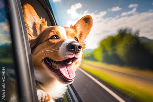 Happy dog with head out of the car window having fun, generative ai © MVProductions