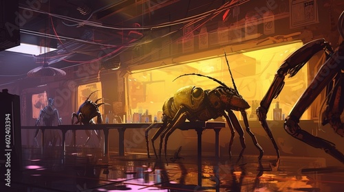 A cyberpunk nightclub with robotic scorpions as performers. Fantasy concept , Illustration painting. Generative AI photo