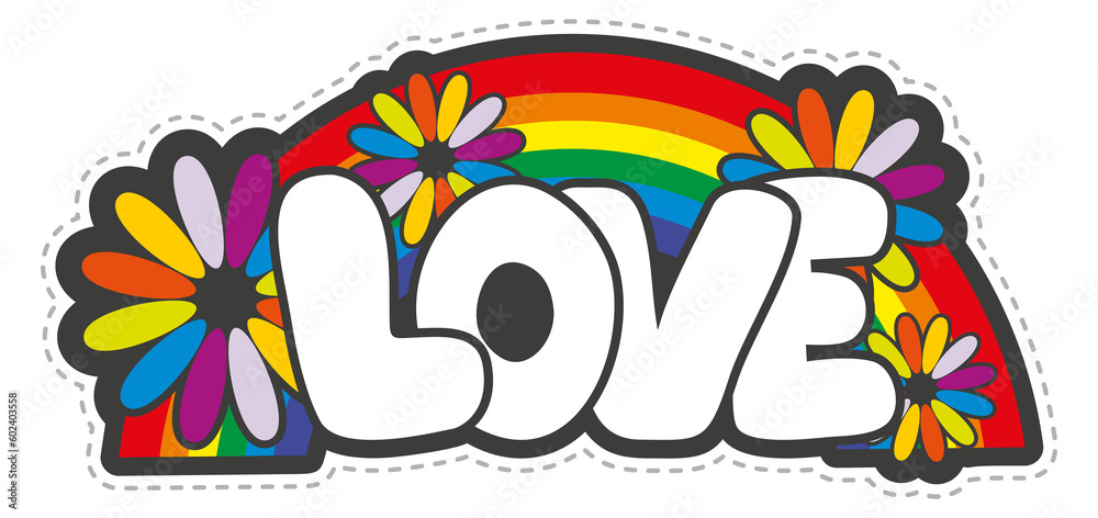 Fototapeta premium Love sticker with rainbow and flowers. Bright hippie patch