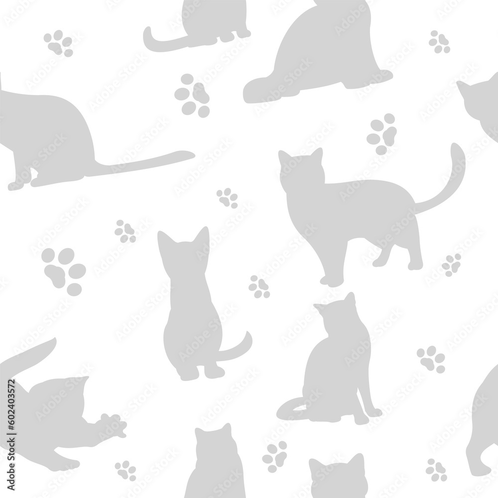 Cat seamless pattern. Cute gray silhouettes and paws