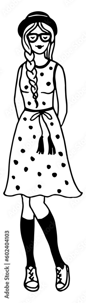 Young woman in polka dot dress. Fashion sketch Young woman in polka dot dress. Fashion sketch