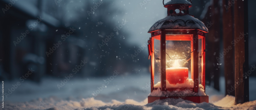 Christmas Lantern On Snow With Fir Branch and Baubles. Winter Decoration Background. Generative AI Christmas Lantern On Snow With Fir Branch and Baubles. Winter Decoration Background. Generative AI