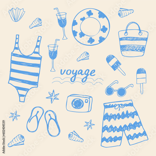 Beach vacation. Summer nautical accessories illustration. Ice cream, swimsuit, cocktail, swimming trunks, shells, sunglasses. Summer mood, beach party, vacation. For template, poster, banner, postcard
