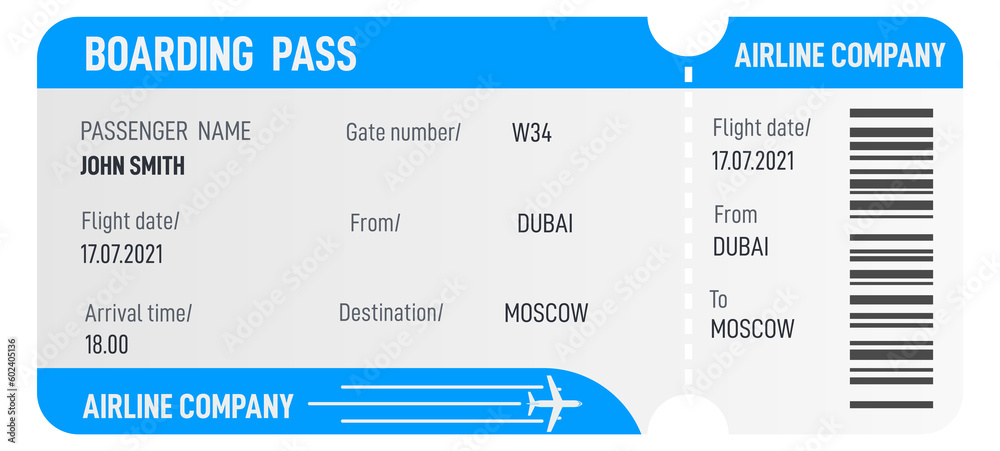 Airplane ticket template. Boarding pass. Airline travel document - obrazy, fototapety, plakaty 