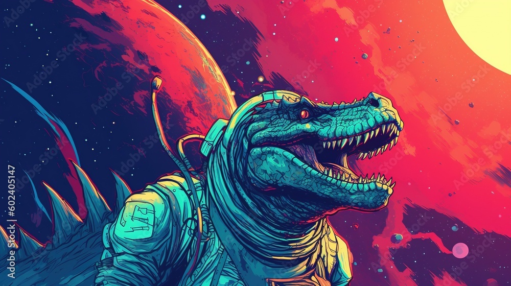 A dragon in a space suit exploring a new planet. Fantasy concept , Illustration painting. Generative AI A dragon in a space suit exploring a new planet. Fantasy concept , Illustration painting. Generative AI