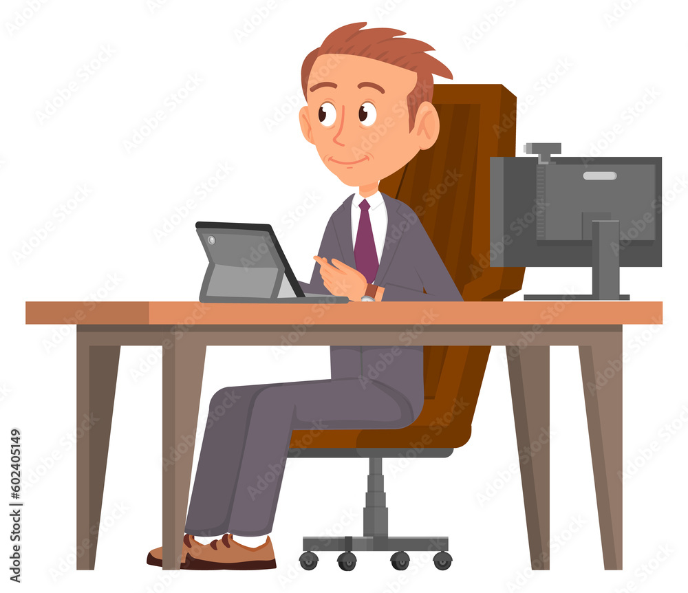Office manager sit at computer desk. Cartoon businessman Office manager sit at computer desk. Cartoon businessman