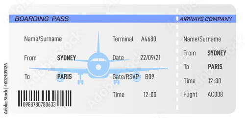 Plane ticket template. Realsitic airline boarding pass photo