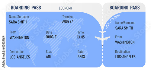 Boarding pass template. Air travel ticket layout photo