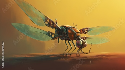 A dragonfly with mechanical wings. Fantasy concept , Illustration painting. Generative AI