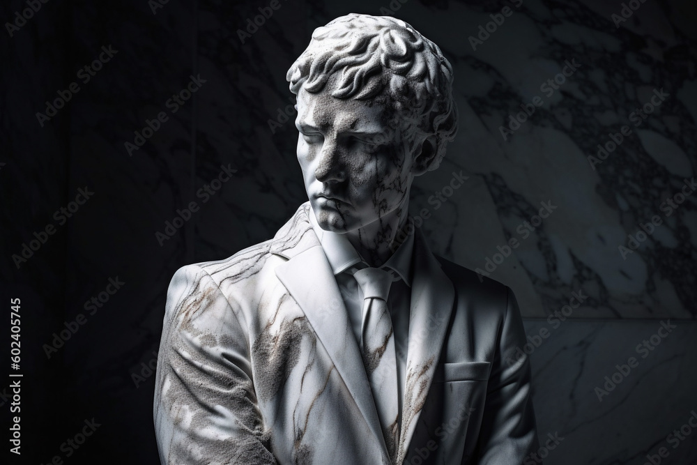 Business man statue or sculpture in a suit with the head made of marble. Ai generated Business man statue or sculpture in a suit with the head made of marble. Ai generated