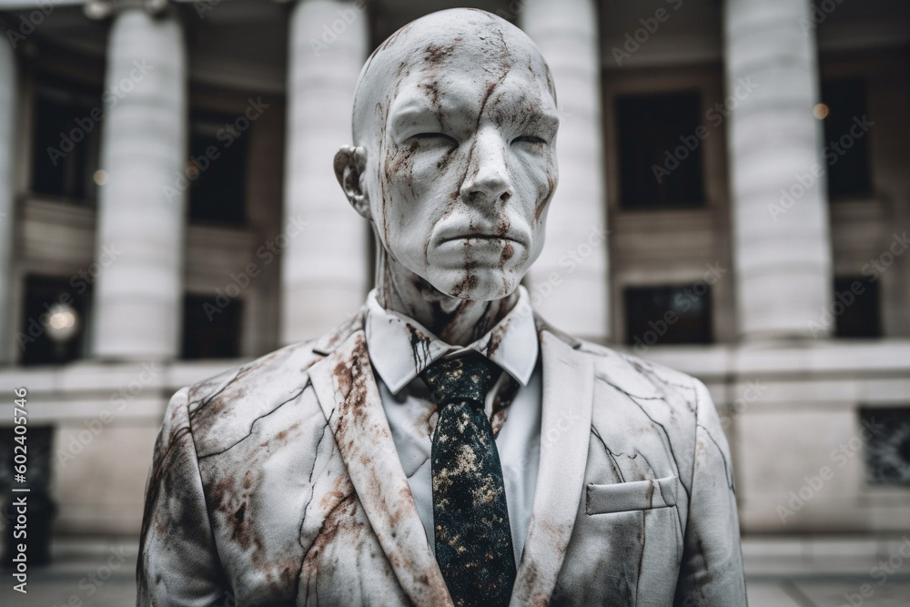  Business man statue or sculpture in a suit with the head made of marble. Ai generated