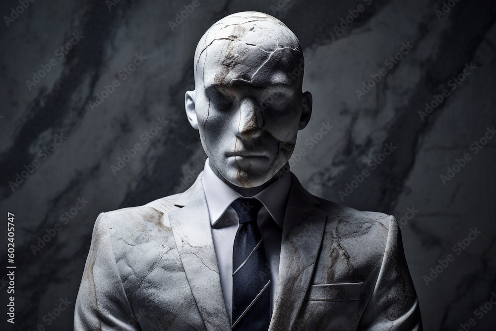 Fototapeta premium Business man statue or sculpture in a suit with the head made of marble. Ai generated